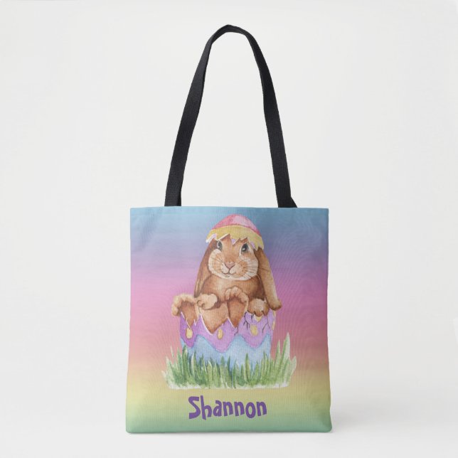 Bolsa Tote Coelho da Páscoa Aquarela Arco-íris Infantil  (Frente)