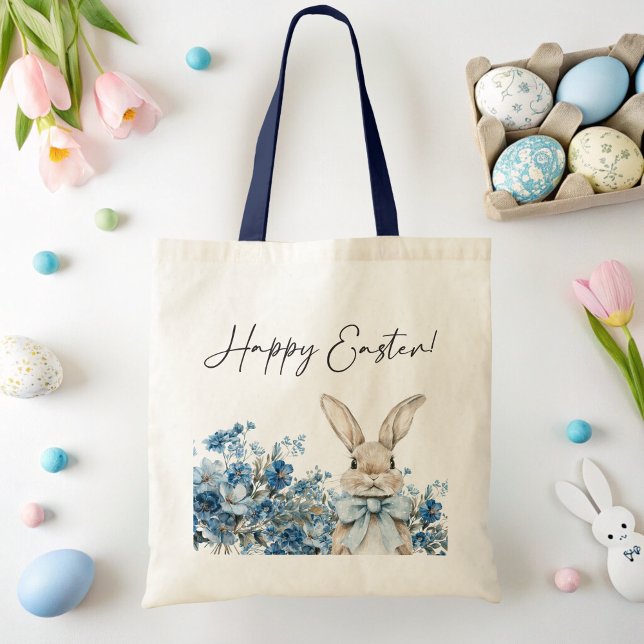Bolsa Tote Coelho da Páscoa azul (Blue Floral Easter Bunny Tote Bag)
