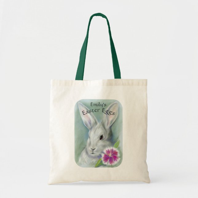 Bolsa Tote Coelho da Páscoa com Flor Rosa Personalizado (Frente)
