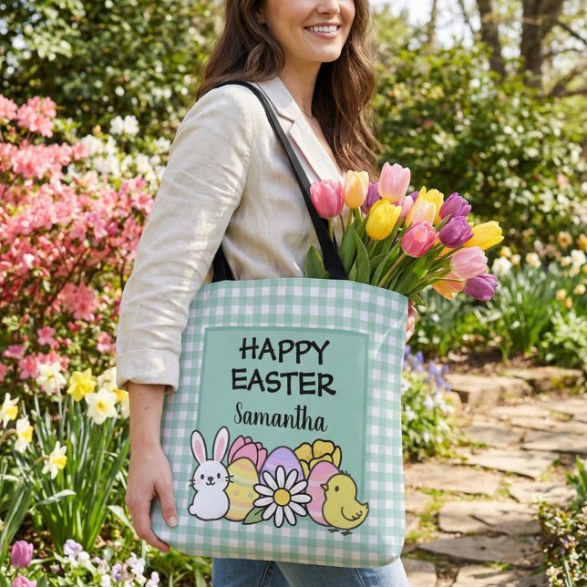 Bolsa Tote Coelho da Páscoa Feliz Personalizado em Xadrez Ver (Criador carregado)