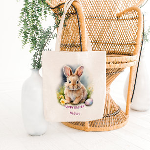 Bolsa Tote Coelho De Felz pascoa De Aquarela Floral Com Ovo