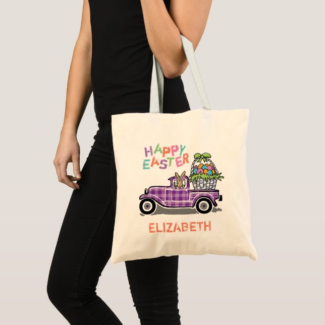 Bolsa Tote Coelho de felz pascoa roxo do guingão do caminhão (Frente (produto))