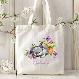 Bolsa Tote Coelho de Páscoa Floral de Aquarela Personalizado