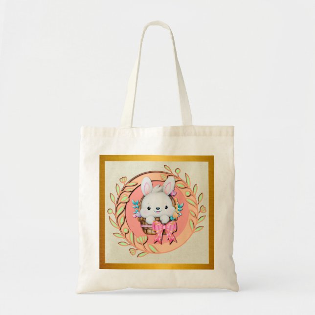 Bolsa Tote Coelho de Páscoa Fofo Sentado na Cesta (Frente)