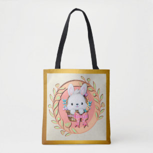 Bolsa Tote Coelho de Páscoa Fofo Sentado na Cesta