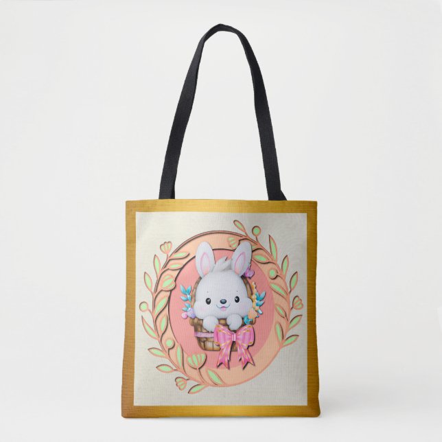 Bolsa Tote Coelho de Páscoa Fofo Sentado na Cesta (Frente)