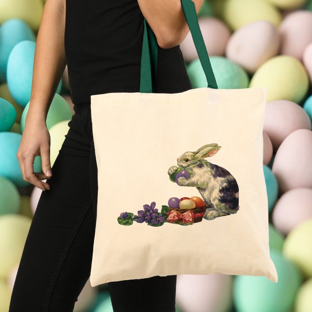 Bolsa Tote Coelho de Páscoa Vitoriano Antigo, Flores e Ovos (Criador carregado)
