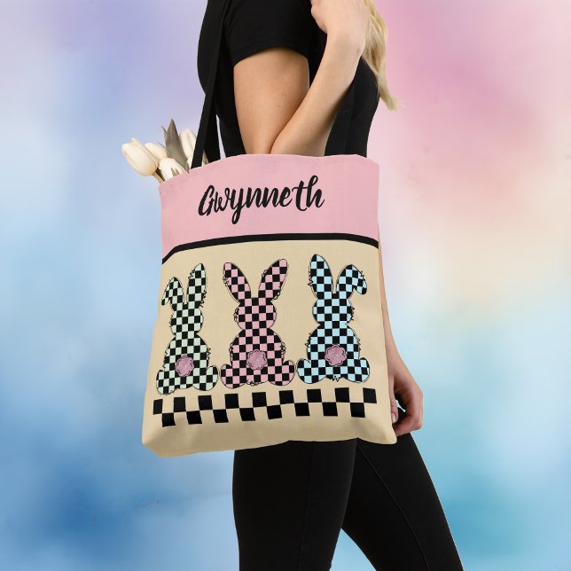 Bolsa Tote Coelho de Páscoa Xadrez Rosa Verde Amarelo Nome (Criador carregado)