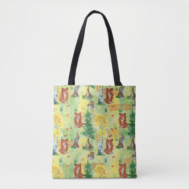 Bolsa Tote Coelho de Woodland Aquarela, porco-espinho, raposa (Frente)