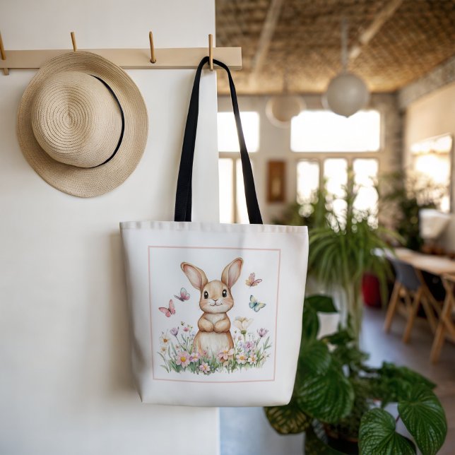 Bolsa Tote Coelho Fofo com Borboletas e Flores da Primavera  (Criador carregado)
