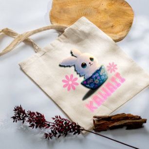 Bolsa Tote coelho kawaii numa tigela decorada com flores