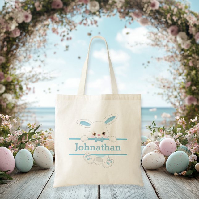 Bolsa Tote Coelho Personalizado da Páscoa Azul Bonito (Cute Blue Easter Bunny Personalized Boy Tote Bag)