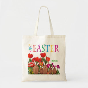 Bolsa Tote Coelhos de felz pascoa com tulipas