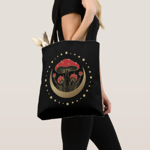 Bolsa Tote Cogumelos Mágicos Vermelhos e Dourados Crescem Lua