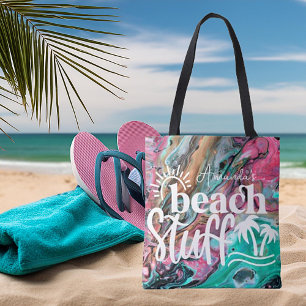 Bolsa Tote Coisas de praia de mármore rosa e verde personaliz