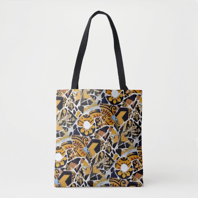Bolsa Tote Colagem Artística de Azulejos Quebrados — Preto Az (Frente)