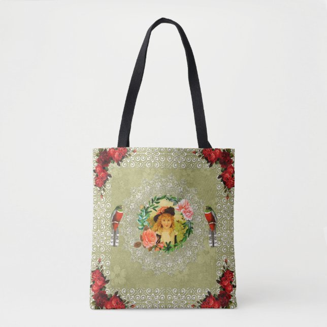 Bolsa Tote Colagem da safra Retro com rendas e flores (Frente)