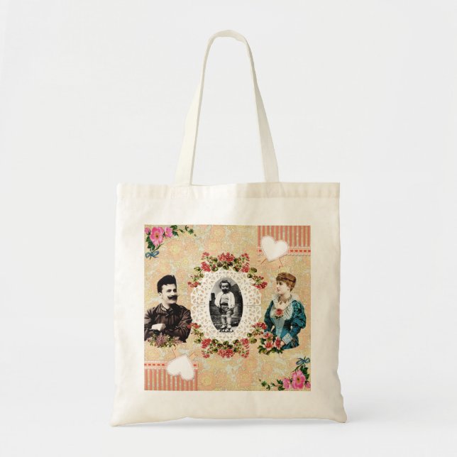 Bolsa Tote Colagem da safra Retro com rendas e flores (Frente)