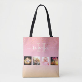 Bolsa Tote Colagem de fotos com monograma de cor rosa-rosa-cl