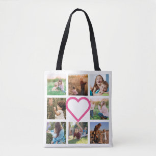 Bolsa Tote Colagem de Fotos da Família Mãe Coração Rosa