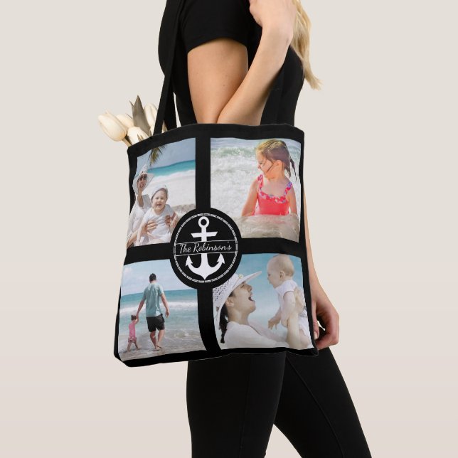 Bolsa Tote Colagem de Fotos de Âncora Personalizada Preta (Close Up)