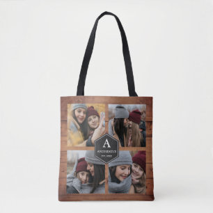 Bolsa Tote Colagem de Fotos de Família em Madeira de Celeiro