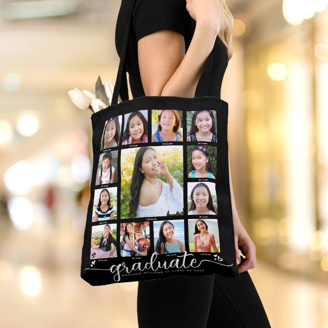 Bolsa Tote Colagem de Fotos de Formatura Preta K–12 Roteiro M (Criador carregado)