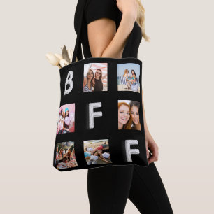 Bolsa Tote Colagem de fotos em prata preta do amigo BFF