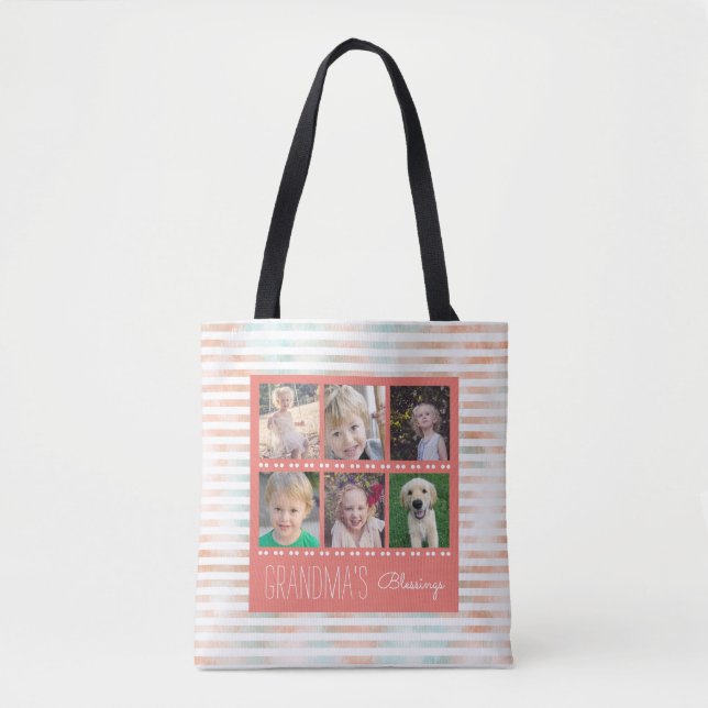 Bolsa Tote Colagem de Fotos Laranja e Teal da Vovó (Frente)