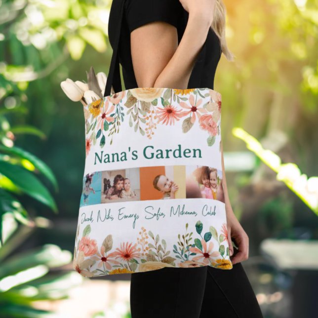 Bolsa Tote Colagem de Fotos Personalizada Nana Grandma's Gard (Personalized Photo Collage Nana Grandma's Garden Tote Bag)