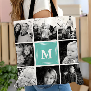 Bolsa Tote Colagem de Fotos Quadrada em Verde Água com Monogr