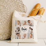 Bolsa Tote Colagem de Fotos Simples e Chic | Amor com Coração<br><div class="desc">Esta bolsa de tote de chic apresenta uma grade de fotos com oito de suas fotos pessoais, e uma moderna tipografia de roteiro que diz "amor". Há também um coraçãozinho elegante com um olhar falho de ouro rosa. Uma simples, minimalista, mas absolutamente na moda para sua mãe, esposa, ou qualquer...</div>