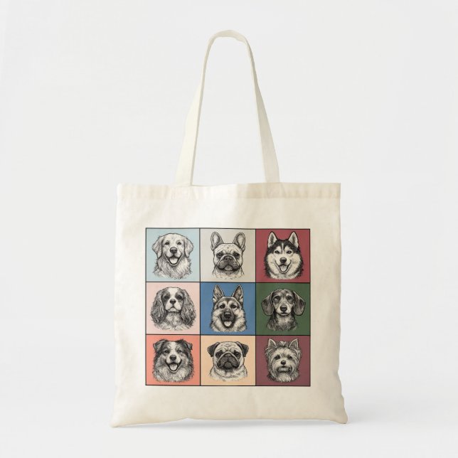Bolsa Tote Colagem de Grade de Esboço de Raças de Cachorro Fo (Frente)