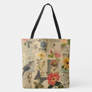 Bolsa Tote Colagem de Jornal Floral Pássaro Cantante Vintage