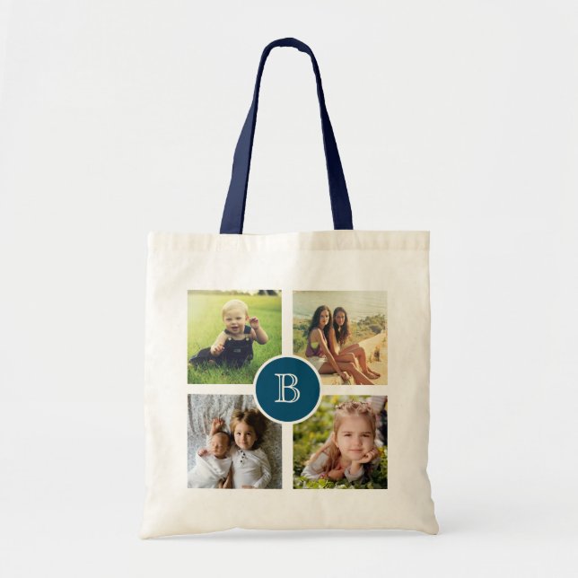 Bolsa Tote Colagem de Quatro Fotos com Inicial, Personalizada (Frente)