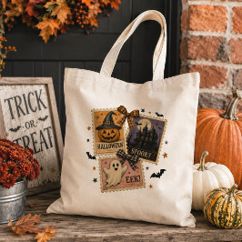 Bolsa Tote Colagem de selos postais vintage de Halloween