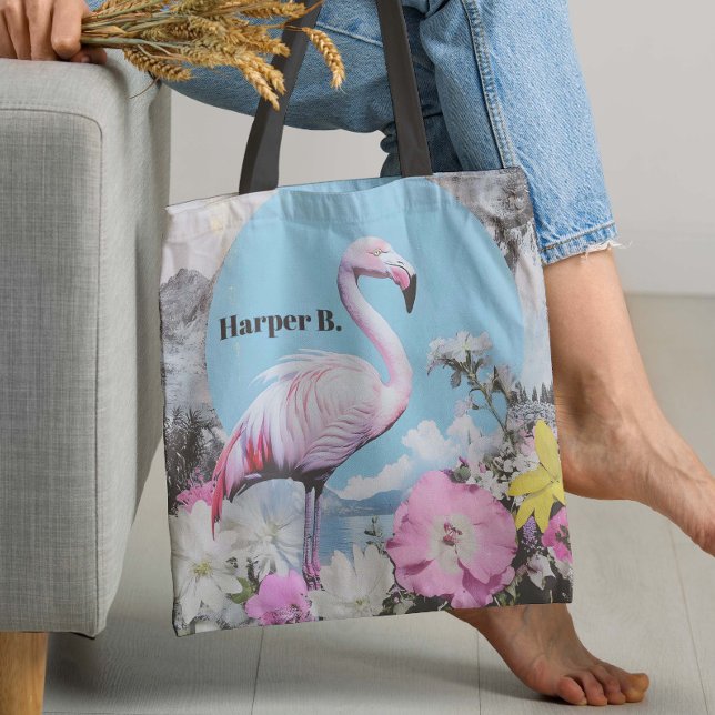 Bolsa Tote Colagem Flamingo Cor-de-Rosa (Prepare to "Flamingle" with this retro collage Flamingo design!)