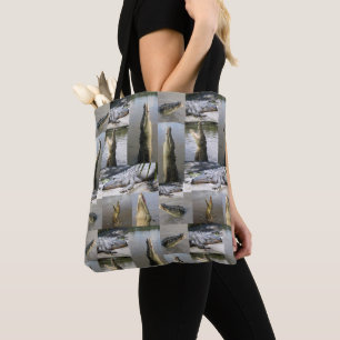 Bolsa Tote Colagem Fotográfica Crocodilo Assustadora,