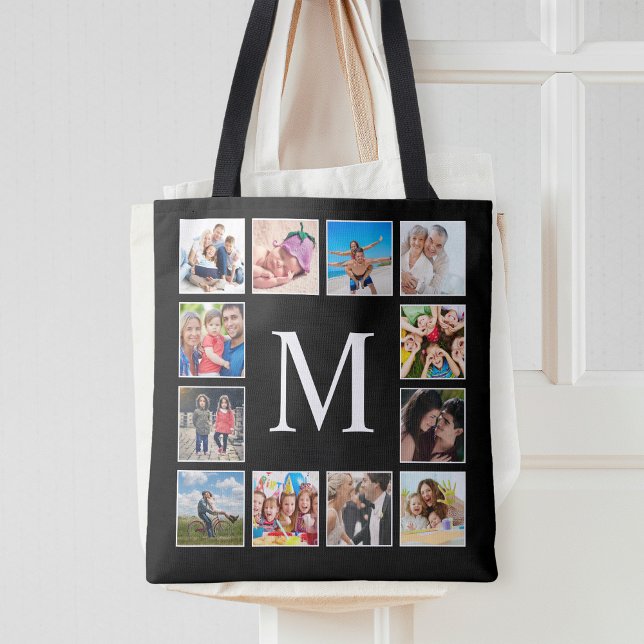 Bolsa Tote Colagem Personalizada de Fotos da Família em Preto (Criador carregado)