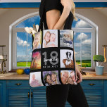 Bolsa Tote Colagem personalizada de fotos de 18 anos, garota<br><div class="desc">Um presente único para o aniversário de 18 anos de uma garota, celebrando sua vida com uma colagem de 8 fotos, fotos. Personalize e adicione seu nome, 18 anos e uma data. Um fundo preto chic. Cinzas e letras brancas e números. O nome é escrito com um moderno estilo escrito...</div>