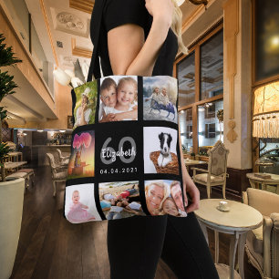Bolsa Tote Colagem personalizada de fotos de 60 anos negra