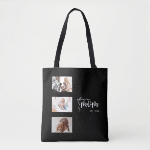 Bolsa Tote Colar de Colagem de 3 Fotos Preto Ano de Est. Pers