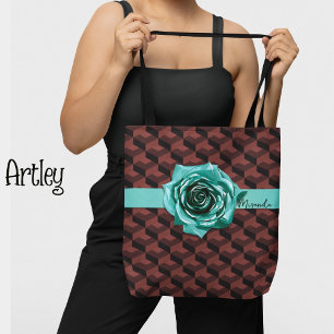 Bolsa Tote Colar de Rosa Geométrica Retro Moderno com Nome Pe