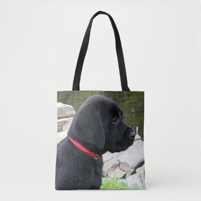 Bolsa Tote Colar Vermelho Pequeno - Puppy Preto - Labrador (Frente)