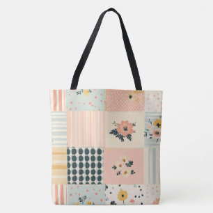 Bolsa Tote Colcha de retalhos florais corais Cottagecore Past