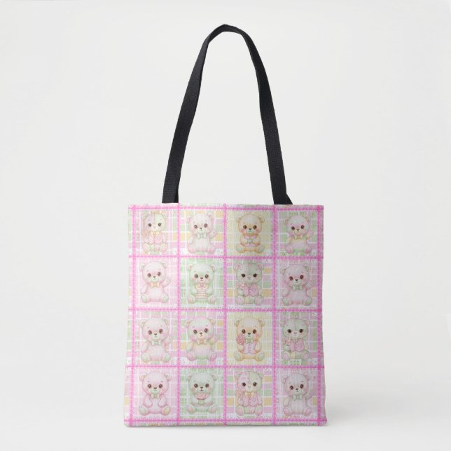 Bolsa Tote Colcha de Urso Teddy de Patchwork Fofa Sem Costura (Frente)