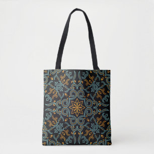Bolsa Tote Colheita contínua de ouro e padrão azul com arte