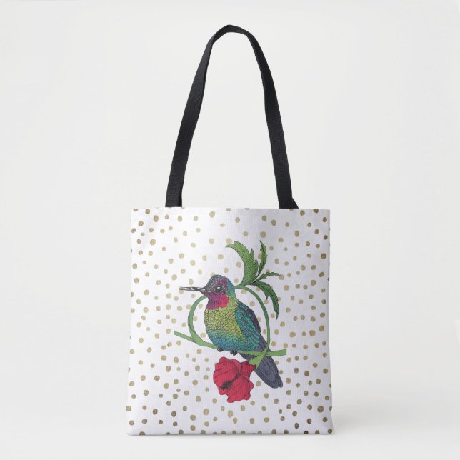Bolsa Tote Colibri Bird Illustração de Pontos Dourados (Frente)