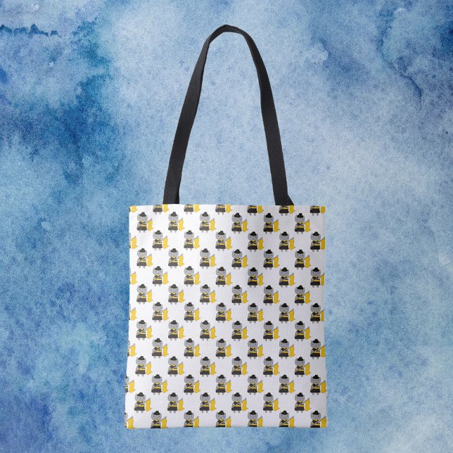 Bolsa Tote Color Guard Gray Cat Black Yellow Pattern (A tote bag with a pattern of gray cats in a black & yellow color guard uniform.)
