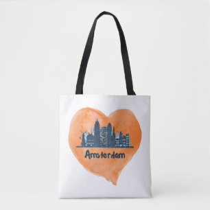 Bolsa Tote Colorida Amsterdam City Skyline Watercolor Heart P